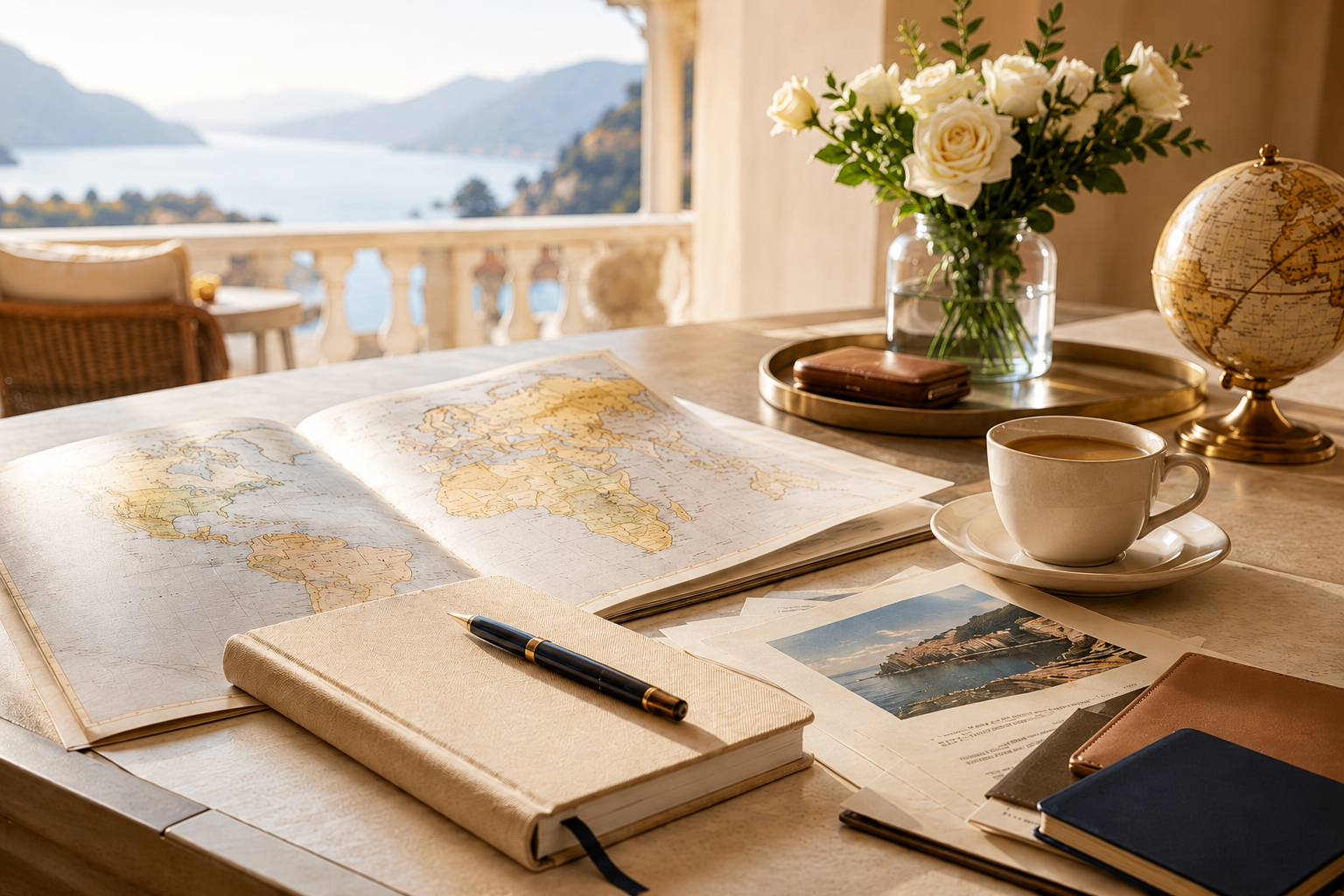 Ruhige Reiseplanung mit Weltkarte, Notizbuch, Kaffee und Reiseunterlagen als Symbol für persönlich kuratierte Premiumreisen.