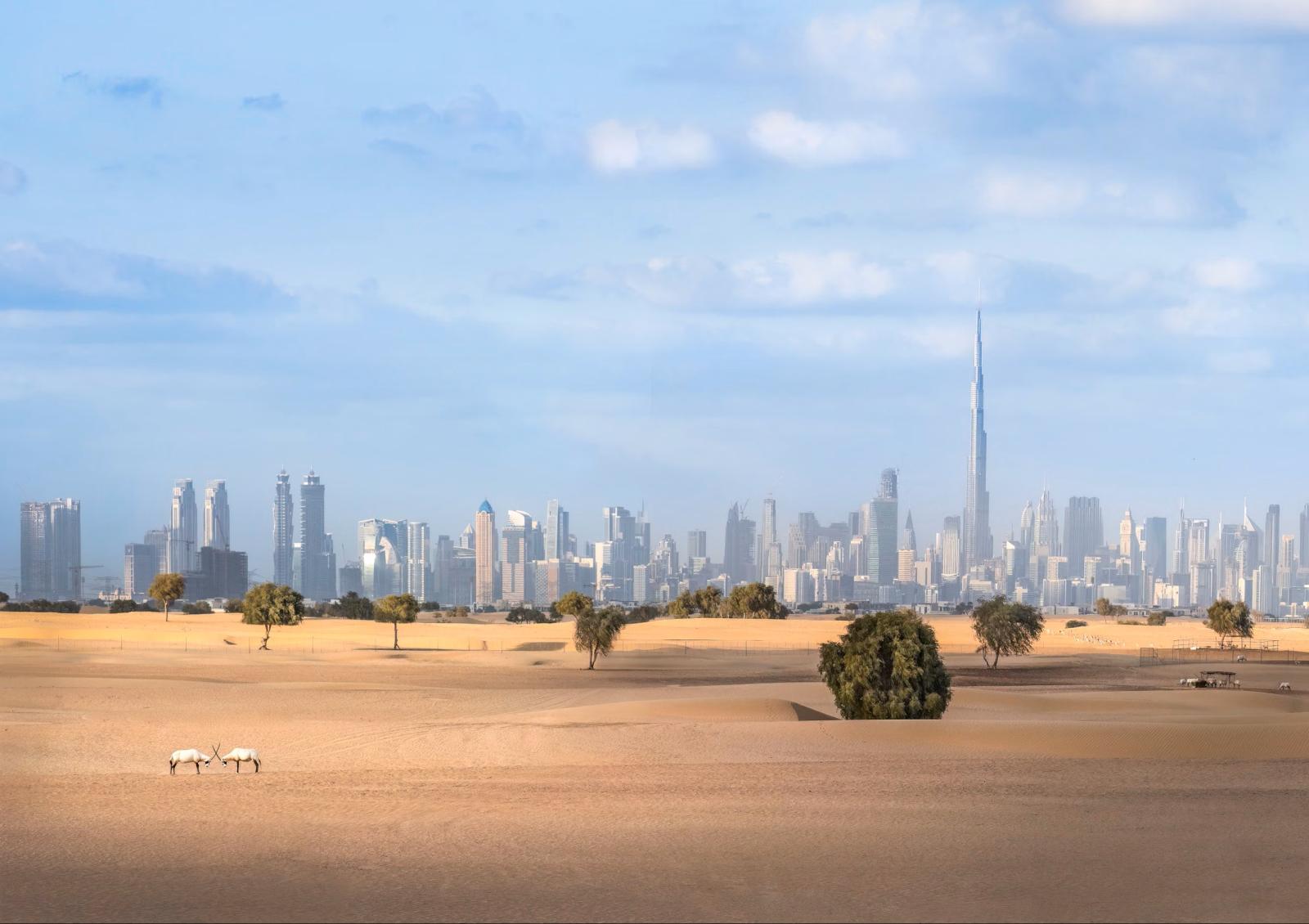 Dubai Skyline mit Burj Khalifa und Wüstenlandschaft