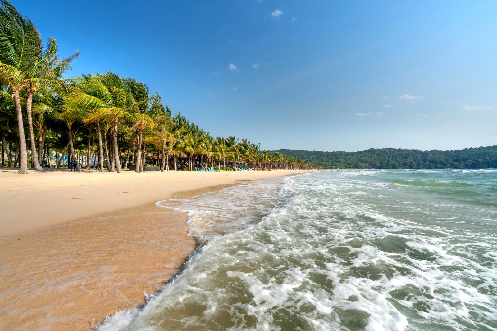 Sonniger Sandstrand mit Palmen und klarem, türkisblauem Meer