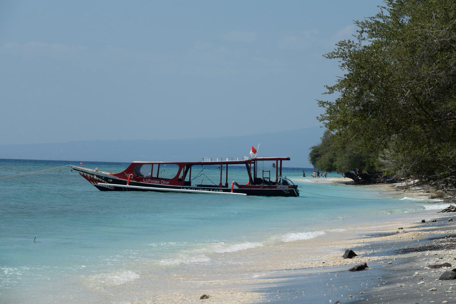 Tauchboot vor einer tropischen Insel mit klarem Wasser und Palmen]