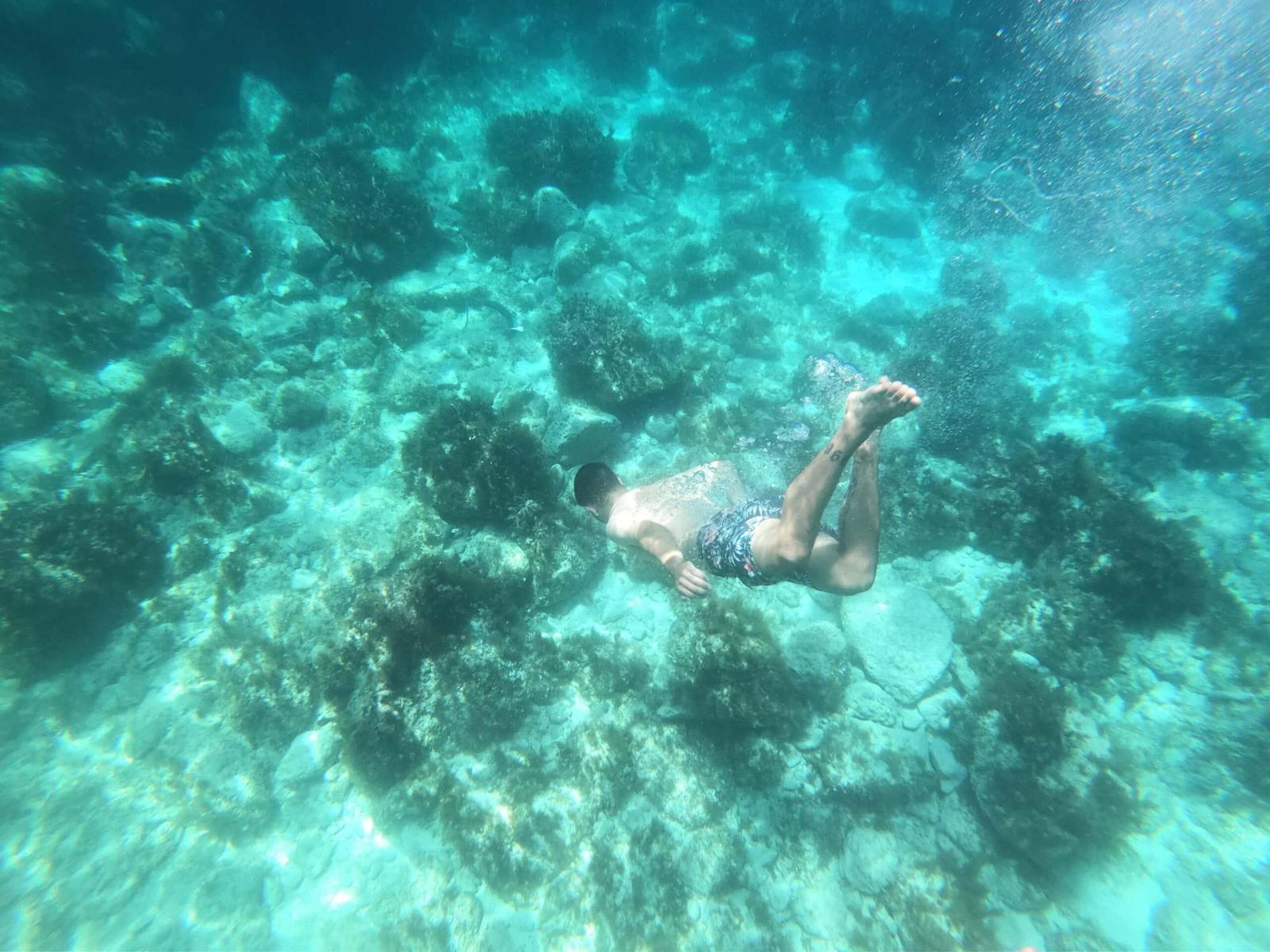 Schnorchler im türkisblauen Wasser vor einer felsigen Küste Maltas]