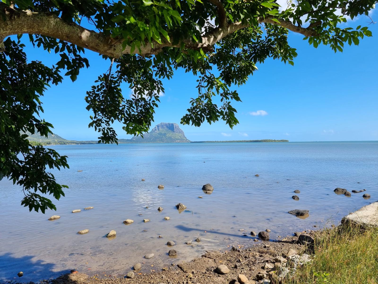 Le Morne Brabant im Hintergrund einer tropischen Küste mit türkisfarbenem Wasser.