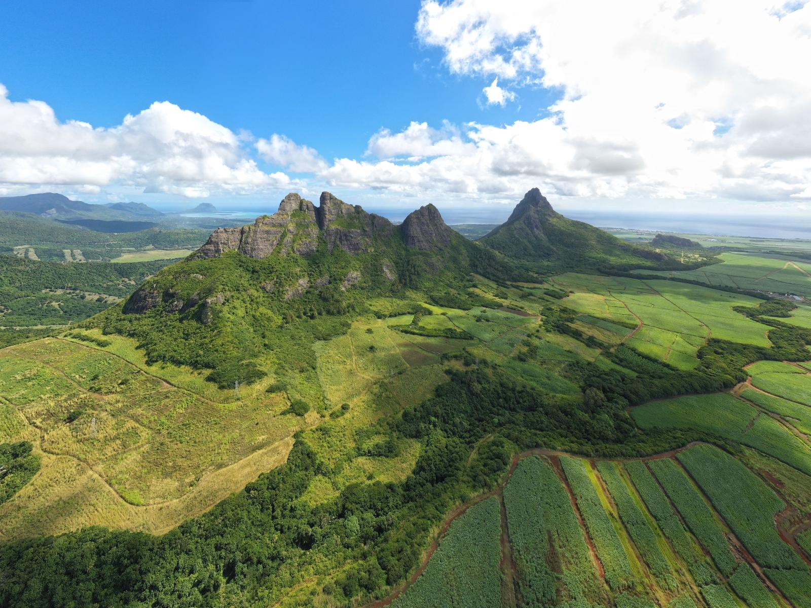 Erkunden Sie die atemberaubende Luftlandschaft von Rivière Noire, Mauritius, mit üppigem Grün und bergigen Ausblicken.