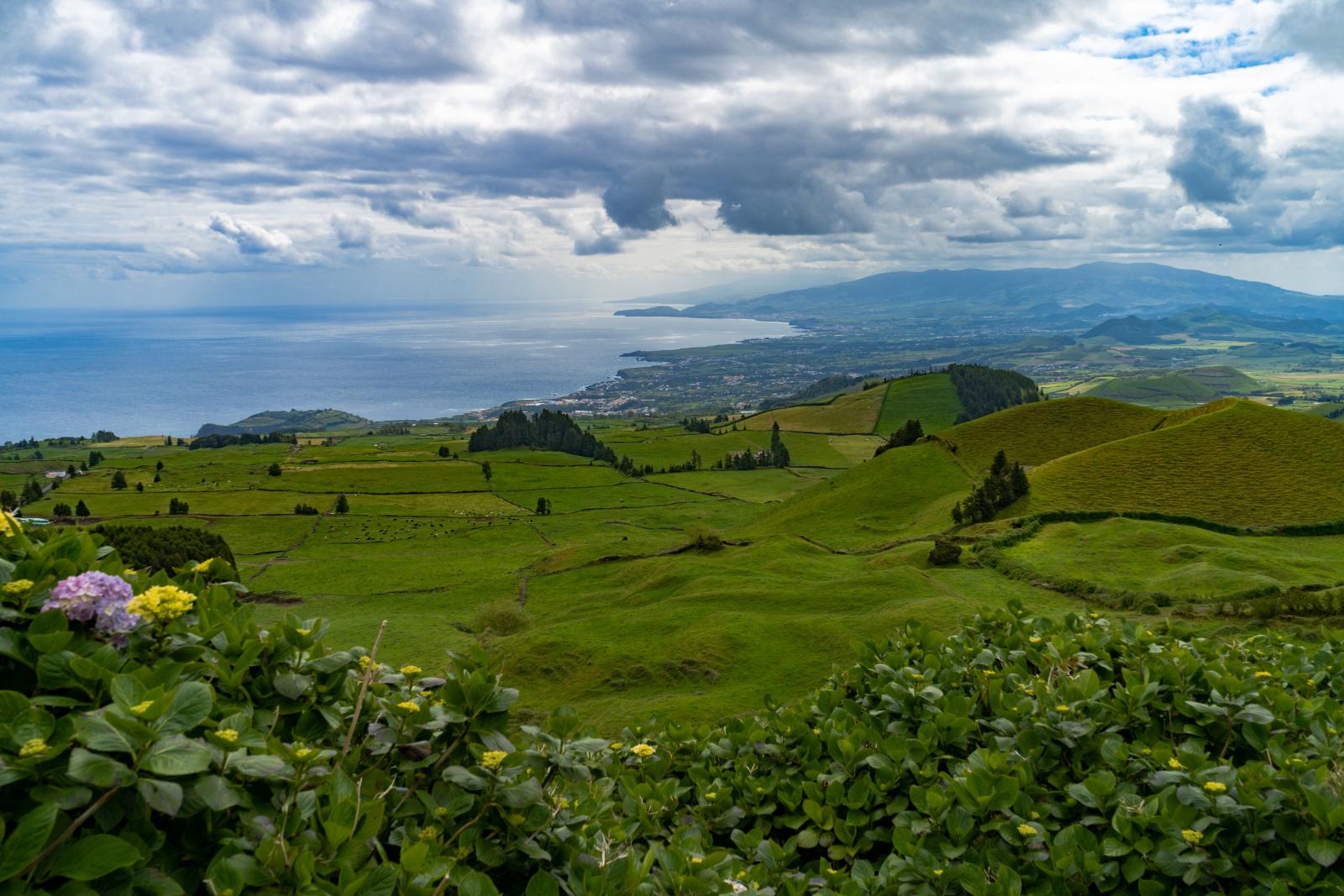 Panoramablick über die grüne Landschaft Madeiras und den Atlantik
