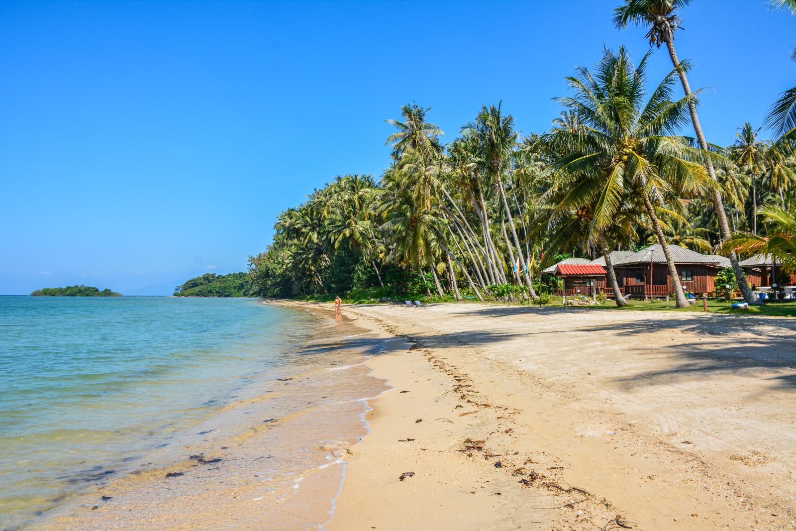 Thailand Badeurlaub – tropischer Strand mit Palmen und türkisblauem Meer.