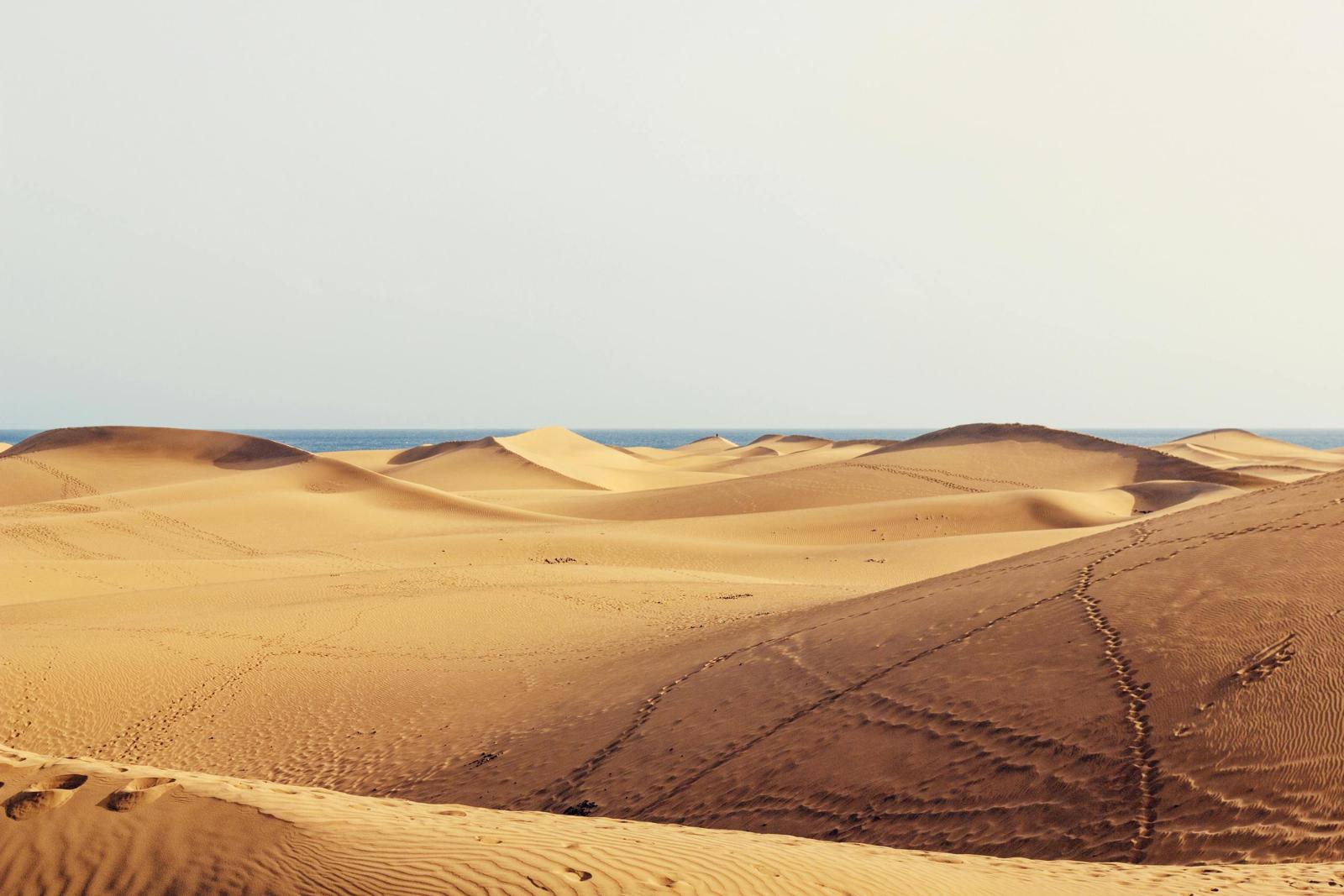 Dünenlandschaft auf Gran Canaria mit Bergen im Hintergrund