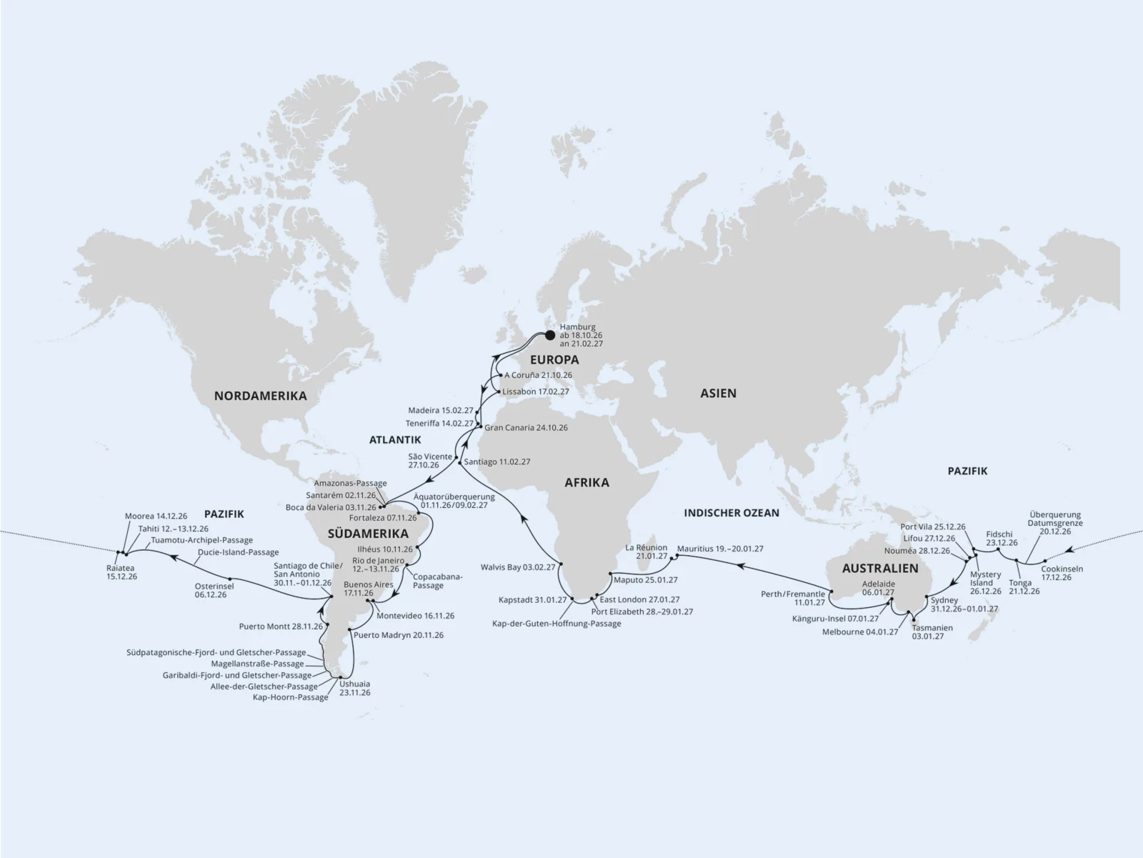 AIDA Weltreise Route