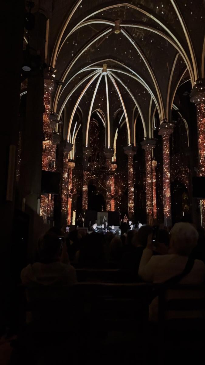 Die Gewölbe der Basilika Notre-Dame in Nizza bei Luminiscence, in warmes orangefarbenes Licht getaucht