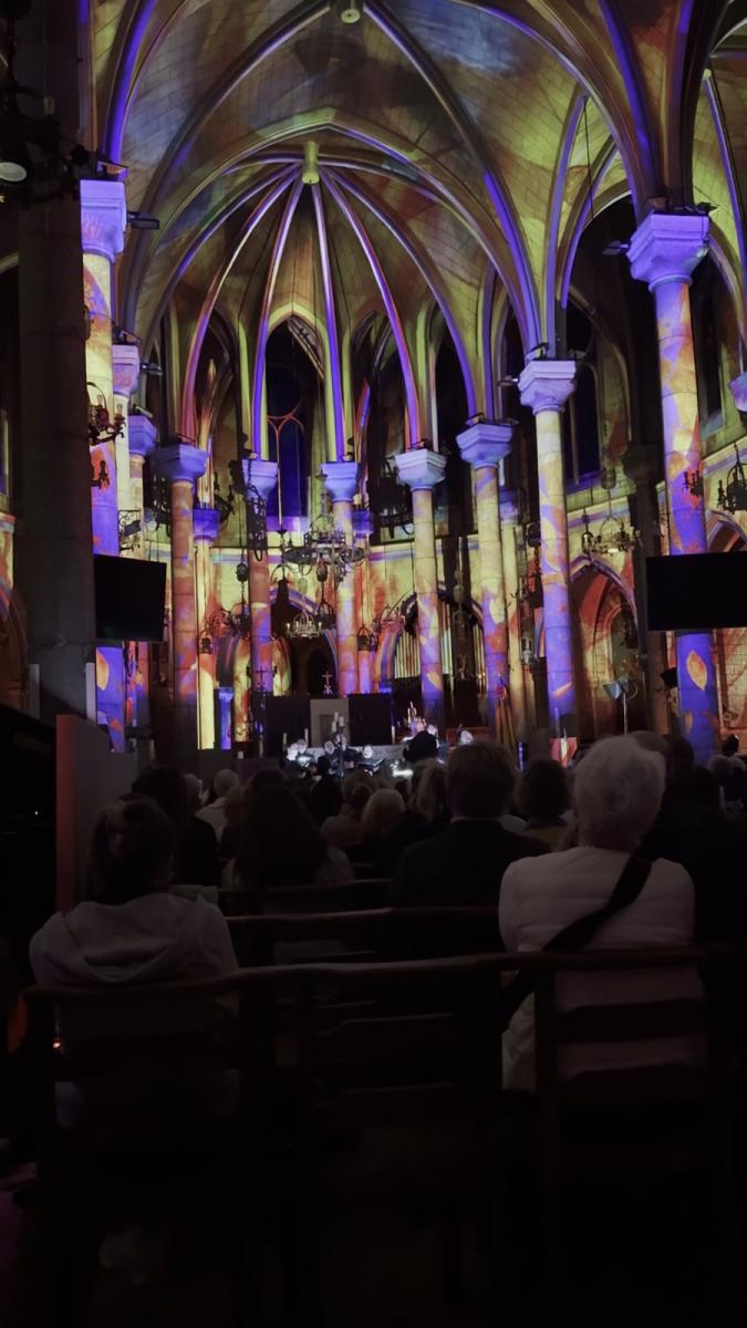 Die Gewölbe der Basilika Notre-Dame in Nizza bei Luminiscence, in bunten Farben angestrahlt